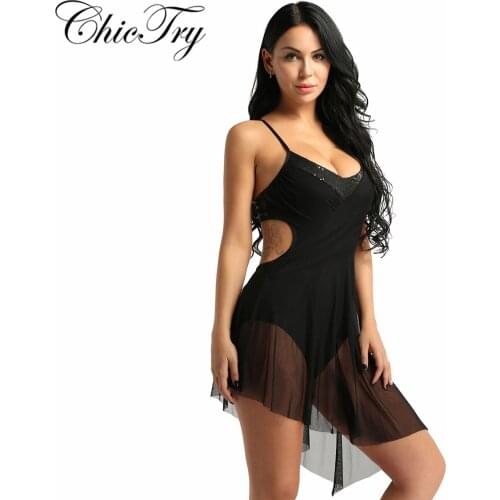 Women Lyrical Dresses Contemporary Costume Sequins V-Neck Highlow Skirt with Side Spirals Flying for Ballet Stage Performance