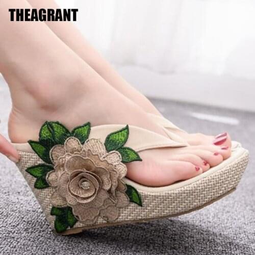 THEAGRANT Platform Women Slippers Wedge Summer Shoes Woman Floral High Heels Sandals Summer Vacation Flip Flops Slides WSL3040