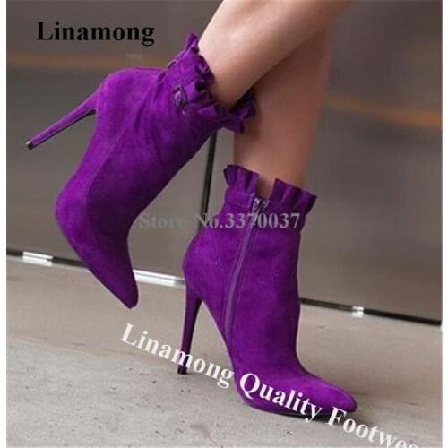 Linamong Elegant Purple Suede Ruffles Stiletto Heel Short Boots Side Zipper-up Pointed Toe High Heel Ankle Booties Dress Heels