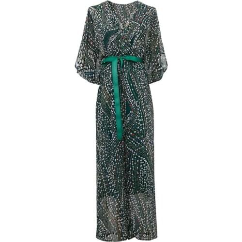 PERHAPS U Women Green Floral Print V Neck Half Sleeve Sash Full Length Jumpsuit Vocation Chiffon Beach J0108