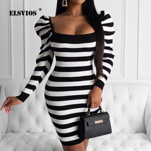 Spring Slash Neck Slim Bodycon Dress Women Striped Print Puff Shoulder Mini Dress Fashion Autumn Solid Knit Party Dress Vestidos