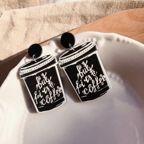 ZiccoWong Fashion Vintage Black White Coffee Cup Drop Earring For Women Girl Acrylic Letter Milk Tea Cup Ear drop Dangle Gift