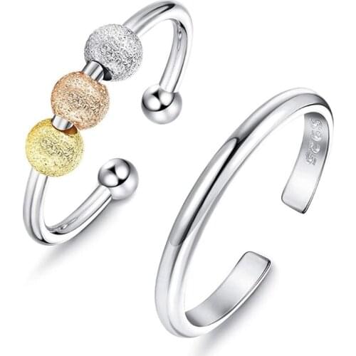 2 Pcs Women Spinner Fidget Bead Rings for Anxiety Worry Adjustable Open Peace Rings Relieving Stress Valentines Day Jewelry Gif