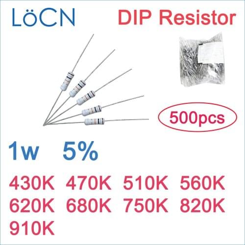 500pcs 5% 1W Carbon Film Resistor DIP 430K 470K 510K 560K 620K 680K 750K 820K 910K OHM Color ring