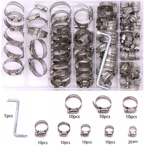91Pcs/Box Multi-size 304 Stainless Steel Pipe Clamp Fuel Hose Clamp Worm Gear Hose Clip Set High Quality Hardware Tools