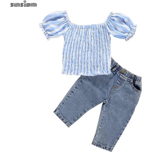 1-6Years Fashion Kids Baby Girl Clothes Set Blue Striped Off shoulder Short Sleeve Top and Jeans Long pant 2 Pieces Outfits