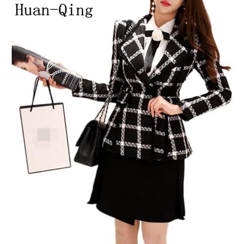 Korean Autumn Womens Plaid Jackets Hidden Breasted Tweed Blazers Office Lady Suit Collar Long Sleeve Slim Blazer Coat Outerwear