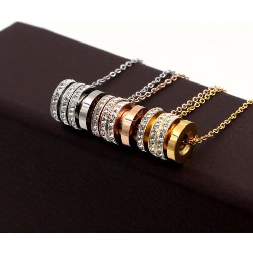 Fashion Stainless Steel Love Cylinder Round Tricyclic Full Crystal Pendant Necklaces Rose Gold Color Women Lady Party Gift