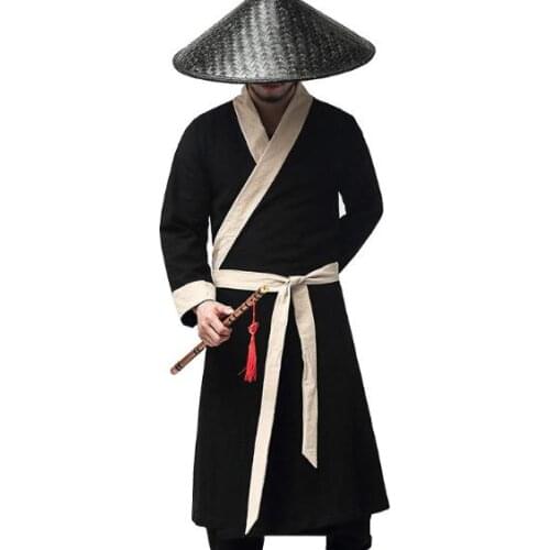 Men black cotton chivalrous man knight-errant costumes kung fu wushu uniforms taoist robe martial arts coat clothing garments