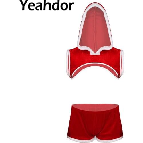 Men Christmas Role Play Velvet Outfits Cosplay Festival Dress Up Costume Faux Fur Trimming Sleeveless Hooded Crop Top with Short