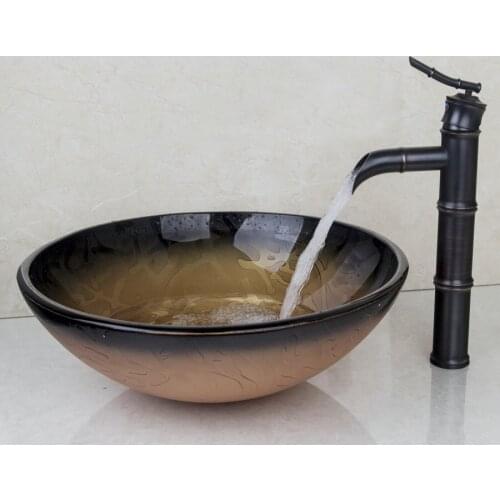 KEMAIDI Antique Brass Hot & Cold Water Combo Set Round Vessel Drain Bathroom Basin Faucet Counter Top Deck Mounted Stream Spout