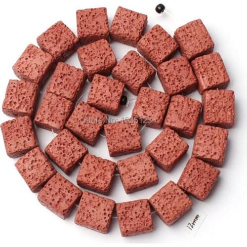 High Quality 10mm Red Color Natural Lava Rock Stone Square Shape Necklace Bracelet Jewelry DIY Gems Loose Beads 37Pcs w2355