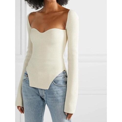 New Winter And Summer Fashion Women Clothes Cashmere Sqaure Collar Full Sleeves Elastic High Waist One Word Collar Sexy Pullover