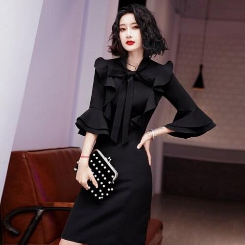 Bridesmaids Dresses Vintage V-Neck Three Quarter A-Line Zipper Knee-Length Luxury Black Elegant Women Wedding Party Gown E812