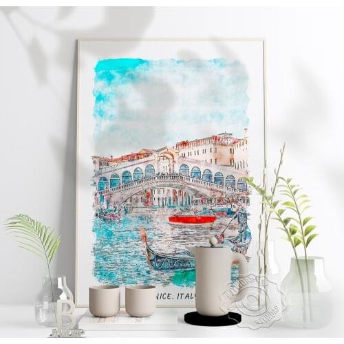 Watercolor City Italy Venice Poster, Beautiful Italy Scenery Art Print, Venice World Travel Wall Stickers Home Room Decor Gift