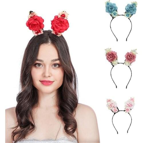 1PCS Boho Peony Flowers Rabbit Ears Girls Headband Women Crown Hair Accessories Wedding Bridesmaid Hairband Holiday Party