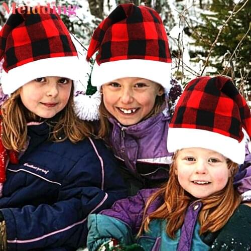 Christmas Hat Christmas Red Black Check Pattern Plaid Cap Christmas Gift for Kids Xmas Dector 2021 New Year Decorations