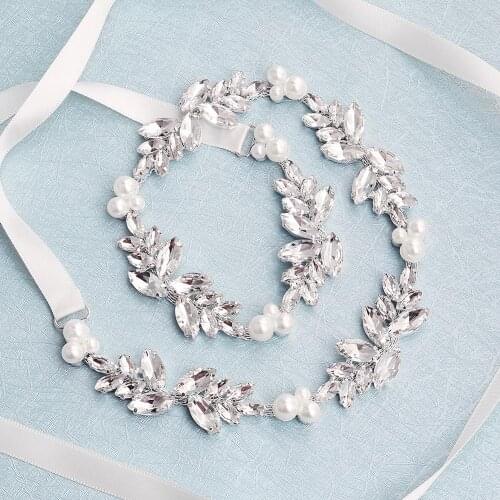 Silver Thin Pearl Rhinestone Belt Sash Applique Chain Hot Glued on Wedding Bridal Dress Gown riem accessori donna B63