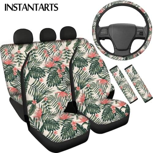 INSTANTARTS Tropical Flower Palm Leaves Print Comfortable Car Seat Covers Steering Wheel Cover Durable Car Seatbelt Shoulder Pad