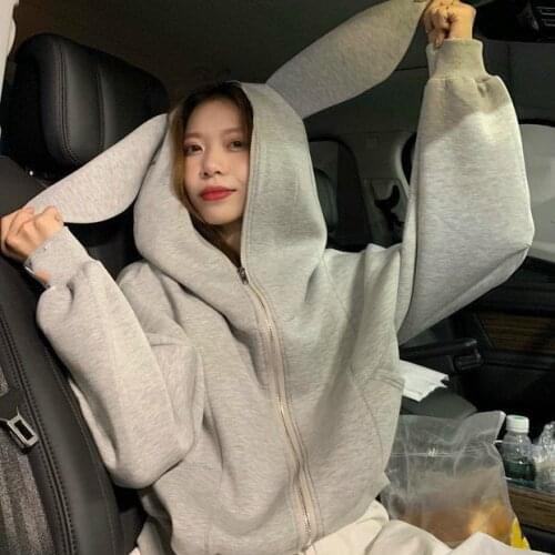 VOOCIEC Spring/Autumn College Style Girl Sweet Kawaii Hoodie Jacket Cute Girly Puff Sleeve Rabbit Ears Cardigan Jacket