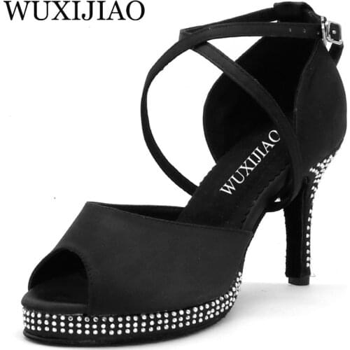 WUXIJIAO brand Rhinestones Black Satin Women ultra high heels 10cm Latin dance shoes Waterproof platform Increased Party shoes