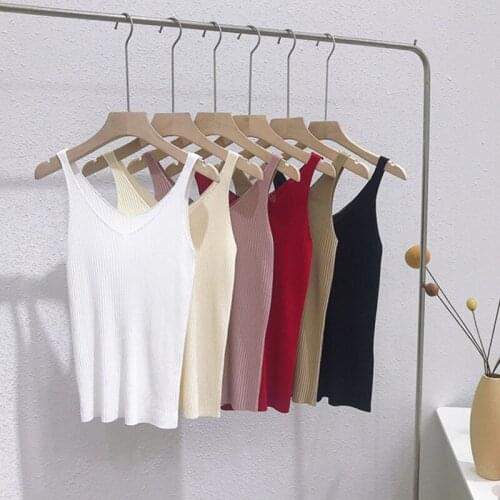 Werynica ice Knitted Vests Women Top V-neck Solid Tank Fashion Female Sleeveless Casual Thin Tops 2020 Summer Knit Woman Shirt