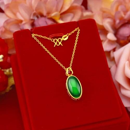 Women Necklace Fashion Emerald Stone Genuine 18K Gold Plated Clavicle Chain Pendant Agate Gemstone Choker Jewelry Birthday Gifts