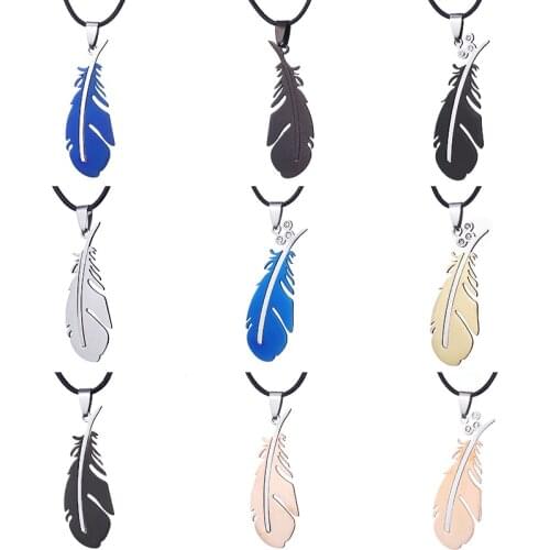 ZRM Jewelry Stainless steel Feather Necklace Blue Silver Color Charm Pendant For Men Women Gifts