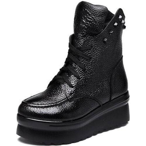 ZXRYXGS Black Cowhide Rivet Martin Boots Autumn Genuine Leather Boots Platform Wedges High Heel Shoes Winter Boots Women boots