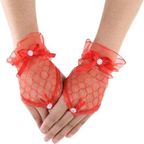 1 Pair Red Lace Gloves Flower Hollow Out Bride Bandage Gloves Women Fingerless Bridal Gloves for Wedding Dress Accessories