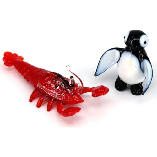 2PCS Glass Animal Mini Figurine Home Decor Lobster Penguin Statuettes Desk Home Decoration Accessories