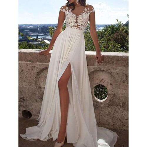2021 Sweetheart Sexy Beach Wedding Dresses White Floor-Length A-line Chiffon Bridal Gowns Slit Front Lace-Up Back Bride Dress