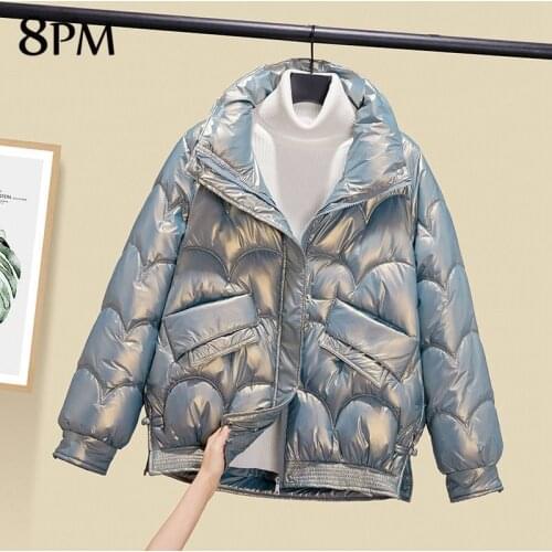 2021 Womens Winter Jacket Glossy Down Cotton Jacket Korean Warm Turtleneck Overcoat Zipper Splicing Warm Jacket ouc1133