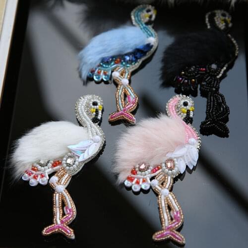 3D flamingo handmade patches for clothing Rhinestone beaded patch DIY birds embroidered appliques decorative sequins Parches