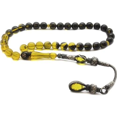 Tesbihane 1000 Sterling Silver Kazaz Tassels Sphere Cut Filtering Yellow Fire Amber Prayer Beads