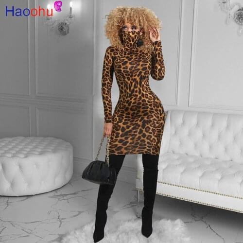 HAOOHU Casual Leopard Print Mini Dress With Mask Womens Long Sleeve Bodycon Bandage Party Club Dress