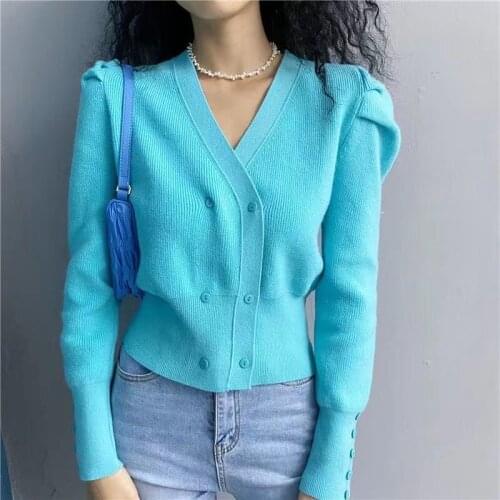 Woolen Sweater Cardigan Women Knit Crop Tops Sexy V-Neck Puff Sleeve Solid Black Blue Jersey Vintage Streetwear Casual Korean
