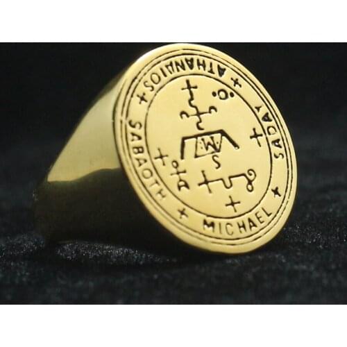 Unisex 316L Stainless Steel Solid Sigil of Archangel Michael Protection Amulet Polishing Cross Ring