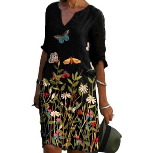 Summer Plus Size Women Dresses Fashion Vintage Print V-Neck Half Sleeve Skin-friendly Polyester Mid-length Dress for Holiday