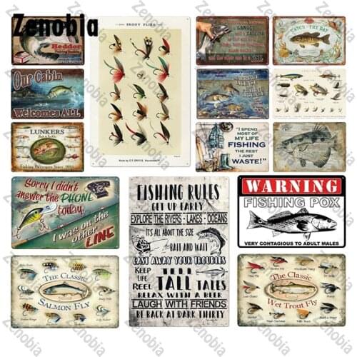 Fishing Metal Sign Our Cabin Welcome All Fishing Rules Tin Plate Plaque Bar Wall Stickers Fishing All Day Farm Home Decoration