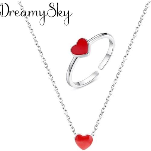 Fashion Silver Color Statement Jewelry Wedding Bridal Jewelry Sets Long Red Heart Choker Necklaces Rings Sets for Women