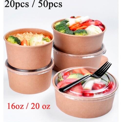 20pcs 50pcs Disposable Kraft Paper Bowl With Paper Lid Fruit Salad Bowl Lids Food Packaging Containers Party Favors (16oz 26oz