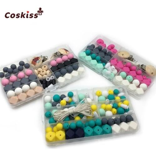 Mix Color Geometry Hexagon Round Silicone Heart-Shaped Bead Wood Bead Pacifier Clip Breakaway Safety Clasp DIY Baby Teether Toy