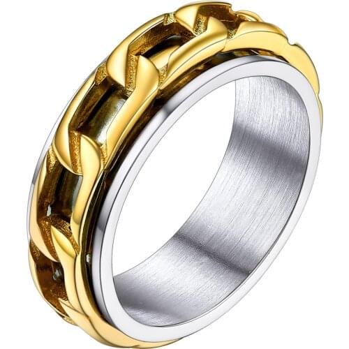 U7 Men Women Stainless Steel 6mm Wide Band Cuban Link Chain Ring/Spinner Rings, Size 6 to 12