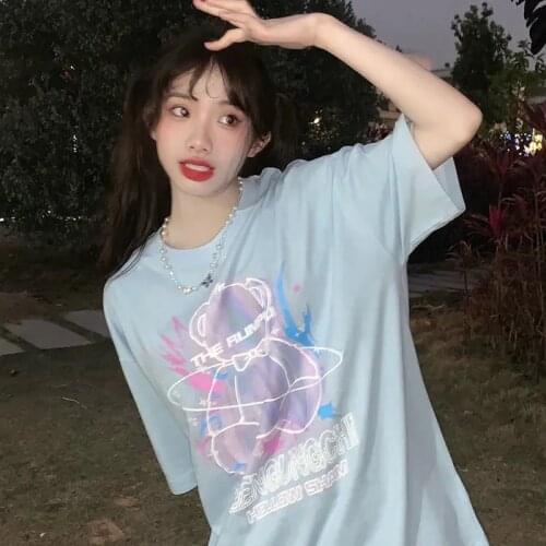 Sweet punk T-shirt women summer Korean Japanese Harajuku style Bear print loose student short sleeve shirt clothes vintage size
