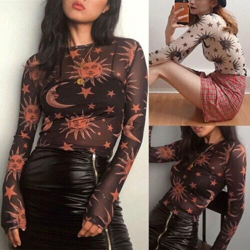 Sexy Women Sun Moon Printed See Through Transparent Mesh Crop Tops Black White Long Sleeve Sheer Slim Ladies Round Neck T-Shirt