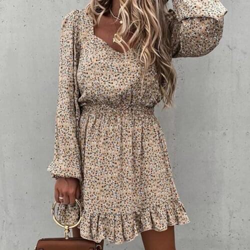 Women Dresses Autumn Long Puff Sleeve Square Neck Floral Print Ruffle A-line All match Mini Dress Womens Clothing 2021
