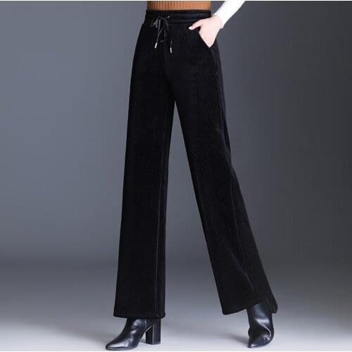 Zoki Corduroy Pants for Women Pocket Autumn Plus Size Elastic High Waist Wide Leg Pants Fashion Solid Black Korean Trousers 2020