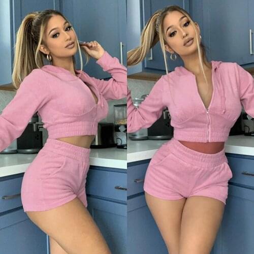 Ladies Long Sleeve Suit Fashion Pure Color Slim Fit Hoodie Shorts 2 Two-piece Casual Sports Jogging Long Street Suit Women