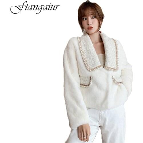 Ftangaiur 2021 Winter Import Mink Fur Coat Full Sleeve Women Pockets Short Slim Turn-Down Collar Natural Real Mink Fur Coats